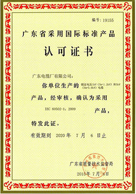 廣東省采用國際標(biāo)準(zhǔn)產(chǎn)品認可證書(1-3kV)